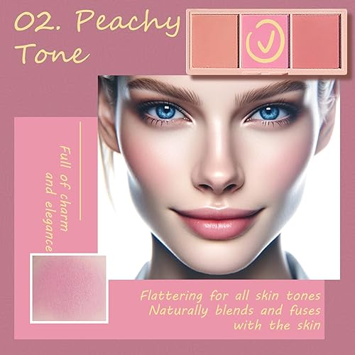 3 Color Matte Pink Blush Palette with Brush, Long Lasting Cheek Makeup, Smooth and Light Blush Powder for Face Beauty