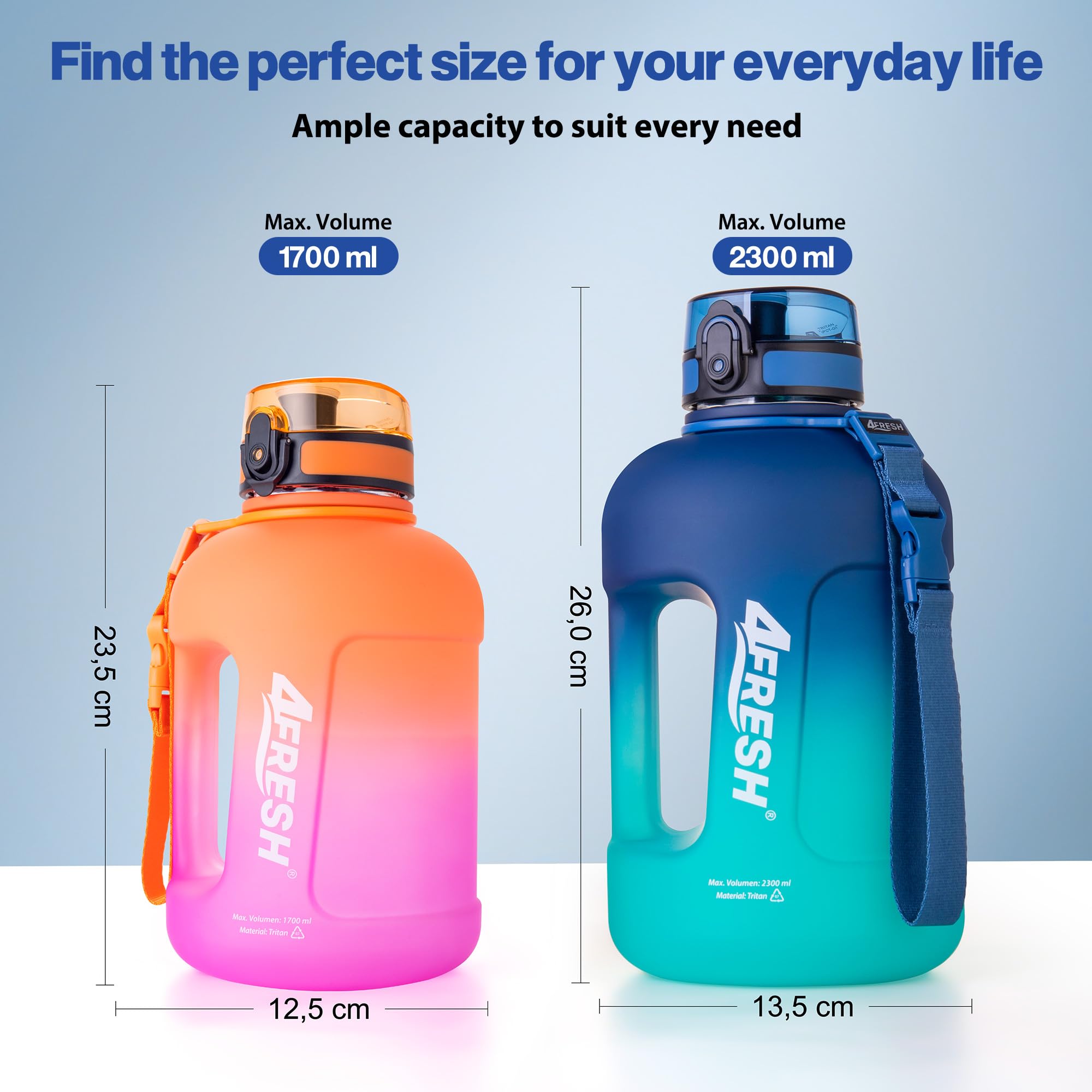 Borraccia Gallon 2300 ml 2,3 L con Manico, Antiperdita, Apertura con 1 Click, Senza BPA in Tritan, Contenitore Robusto per Fitness, Palestra e Camping, Borraccia Sportiva Extra Grande