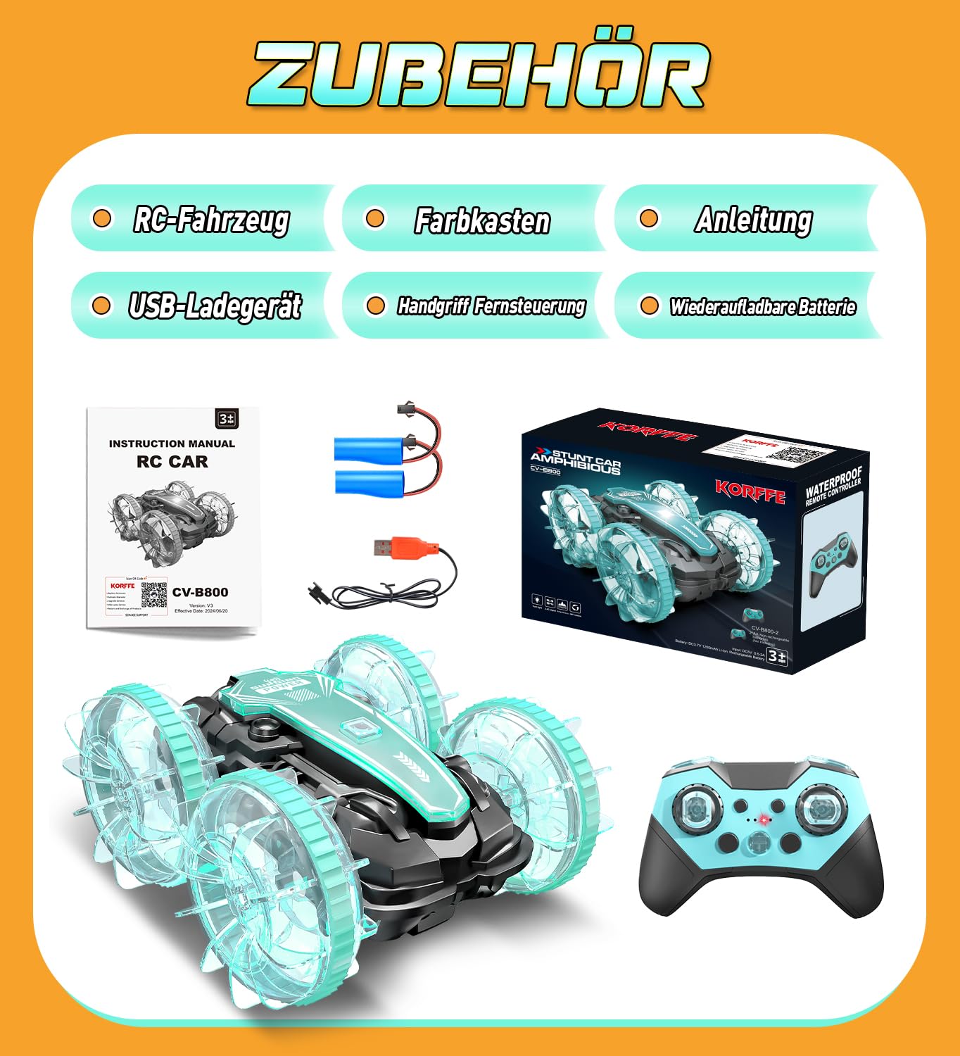 Korffe Amphibienfahrzeug RC Auto ab 3 Jahre Spielzeug Junge Weihnachten Geschenk Outdoor Wasserspielzeug