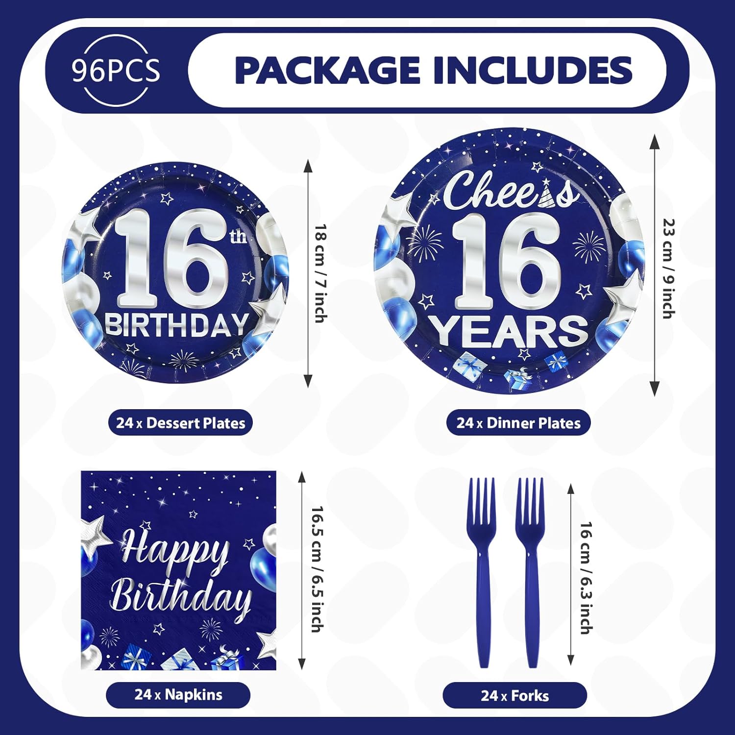 96Pcs 16th Birthday Party Decorations Blue and Silver Plates and Napkins Disposable Sweet Blue Silver 16 Years Old Paper Tableware Set for Teens Boys Girls 16th Birthday Party Supplies, Serves 24 - Image 5