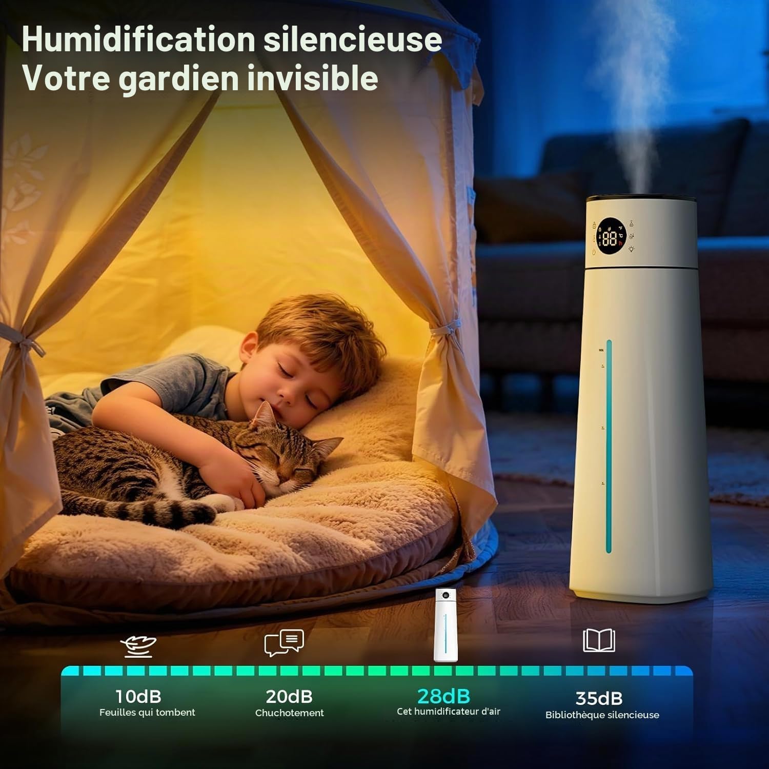 8L Humidificateur d'Air Chambre Top-Fill, 28 dB Ultra Silencieux/80H d'Autonomie/Minuterie 24 H, Veilleuse pour Bébés et Plantes, Large Humidificateur à Ultrasons 10 Niveaux de Brume pour Bureau