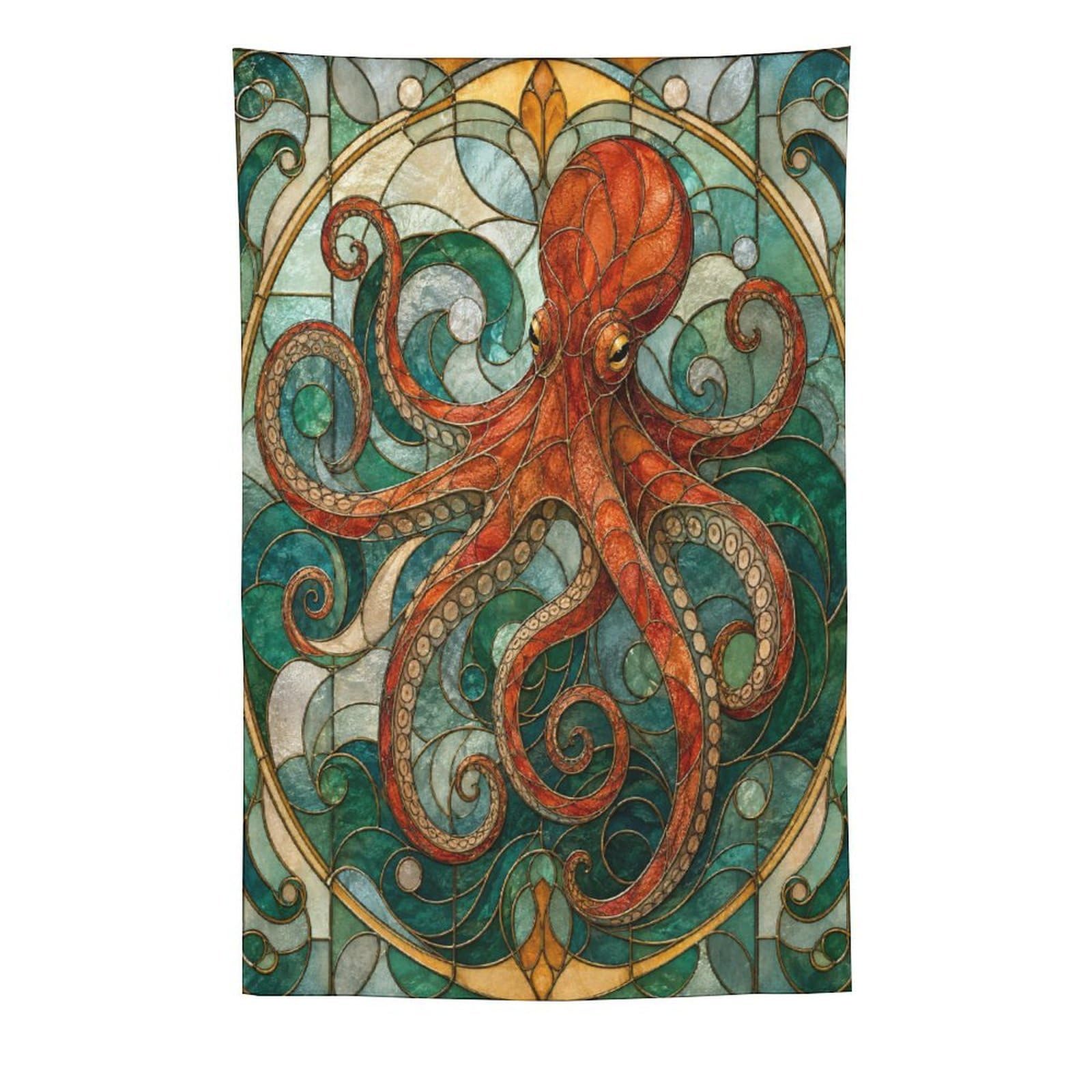 W7C8U2X3 Octopus Stained Glass Wall Tapestry, Art Nouveau, Ceiling Hanging