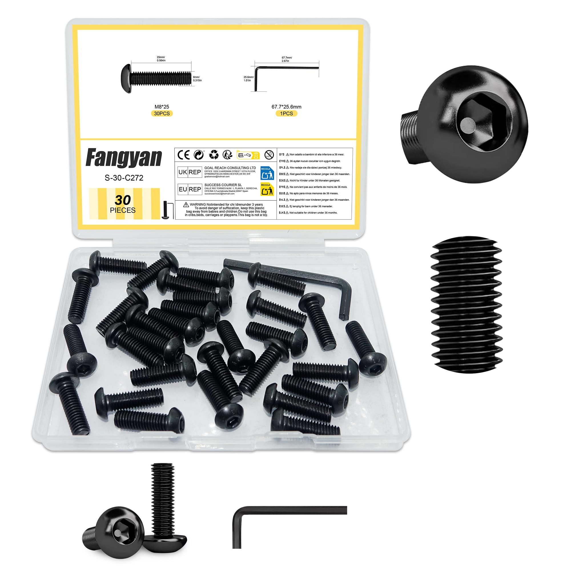 Fangyan 30PCS M8 x 25mm Button Head Hex Socket Screws, Black Oxide Alloy Steel Allen Bolts with Hex Wrench, Full Thread Metric Machine Screws for Furniture, Machinery, DIY Projects
