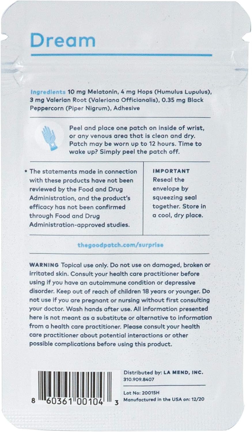 The Good Patch Dream Patch Promotes Restful Sleep with Melatonin, Valerian Root, and Hops. Plant Based (2 Pouches) (8 Patches) : Health & Household