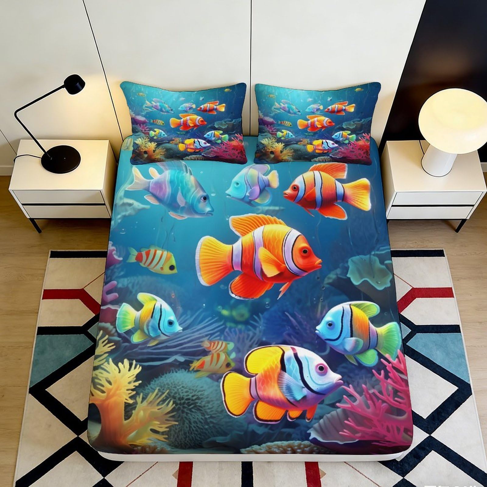 3D Printed Colorful Tropical Fish Fitted Sheet Microfiber Soft Anti-Slip Ocean Coral Reef Mattress Cover Bedroom Decor 90x200x25cm