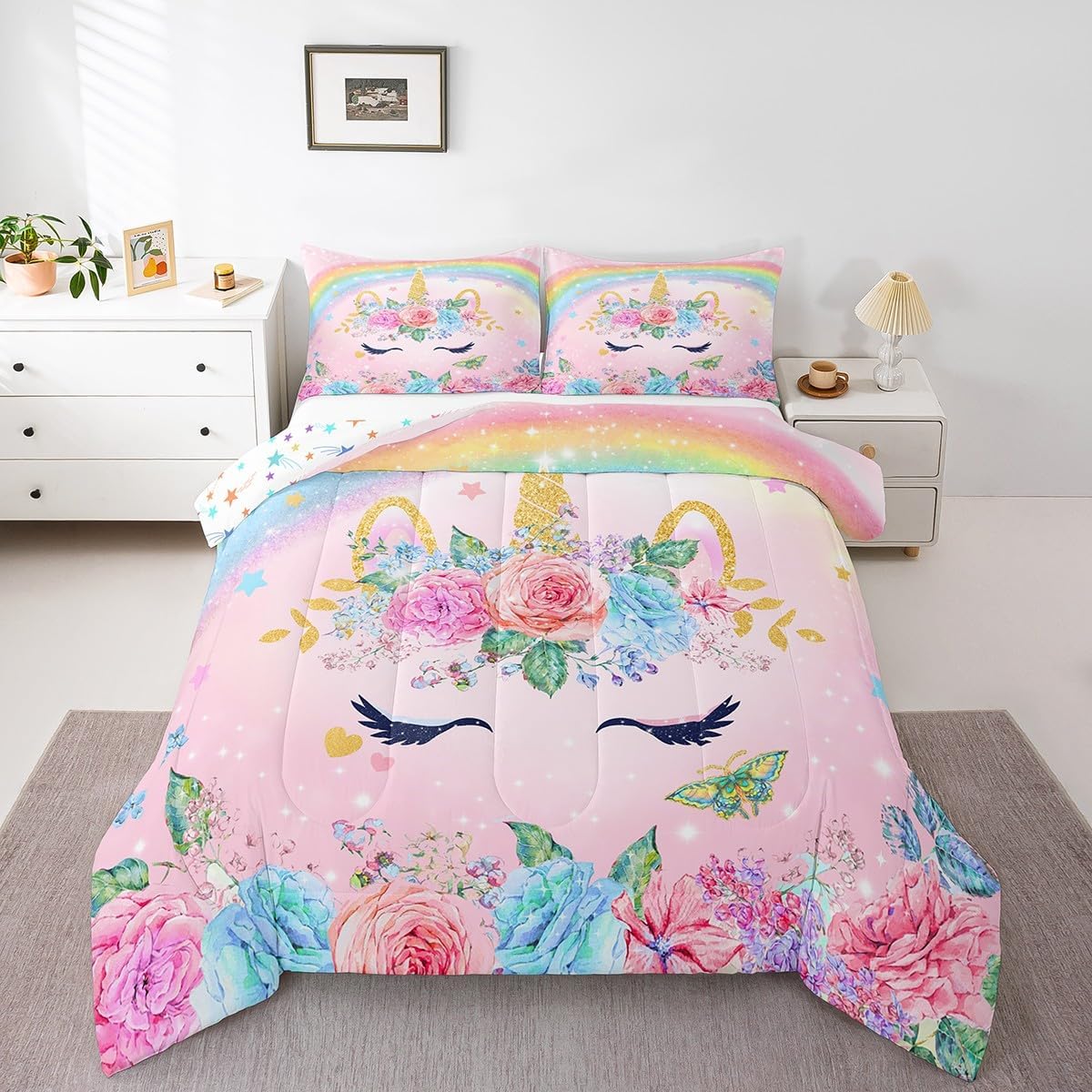 Feelyou Twin Size Unicorn Comforter Set for Kids Girls Bedroom Decorations Teens 3D Pink Unicorn Rainbow Bedding Comforter Set Ultra Soft and Fluffy Flower Comforter Sets