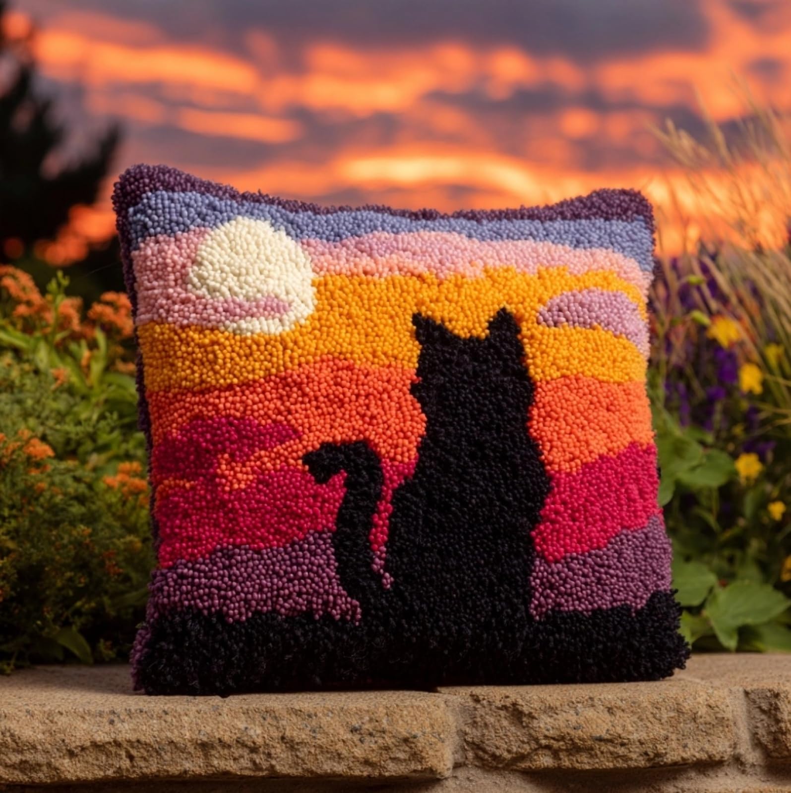 WallustrioaW 43x43cm Latch Hook Pillow Cover Kit,Cat in the Sunset