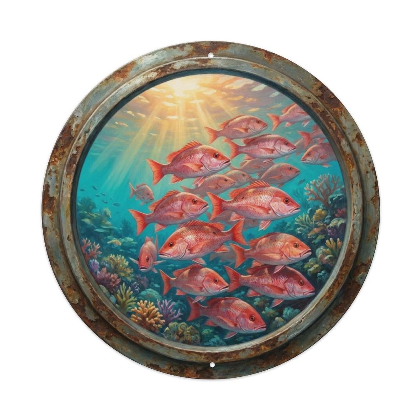 Vintage Porthole Snapper Swarm Ship Window Undersea Deep Sea Metal Tin Sign