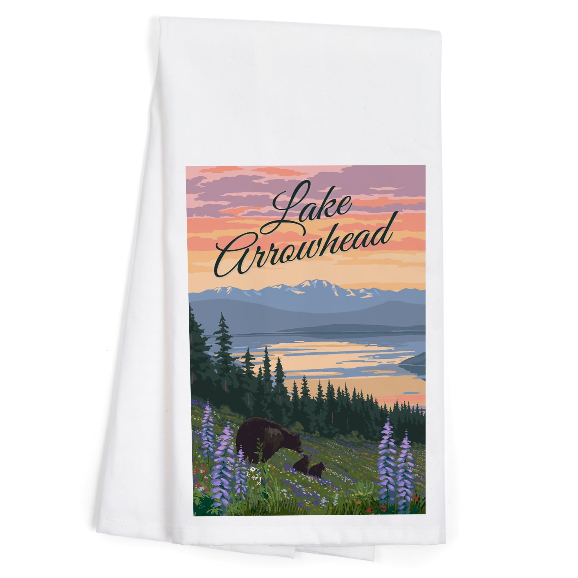 Lantern Press Lake Arrowhead, California, Black Bear and Cubs with Flowers (100% Cotton Tea Towel, Decorative Hand Towel, for Kitchen and Home)