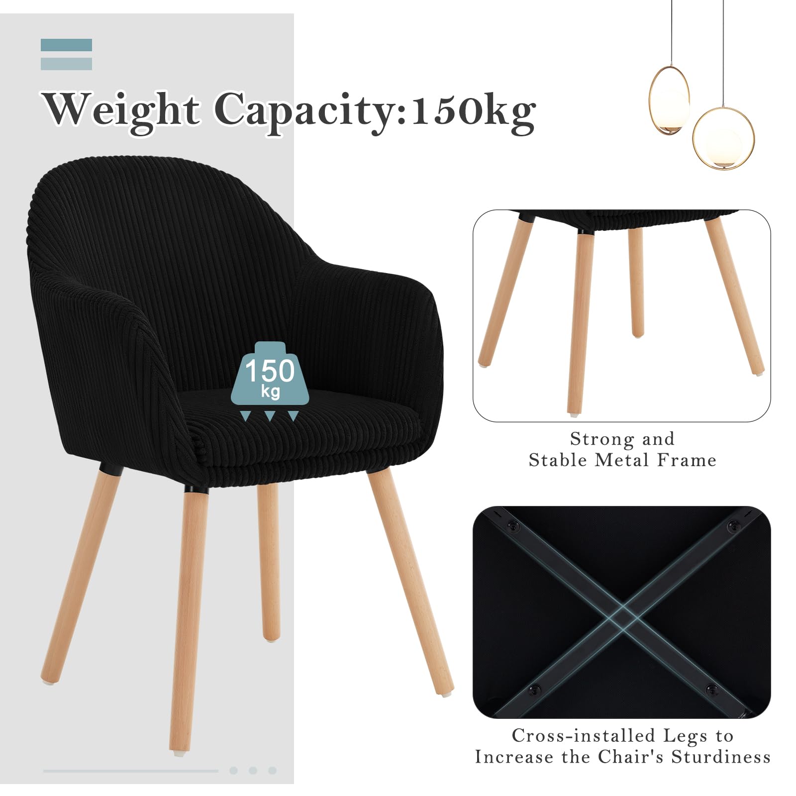 WOLTU Chaise de Salle à Manger avec Accoudoir, Chaise Rembourrée avec Pieds en Bois Massif, en Velours Côtelé, Noir, EZS26sz-1