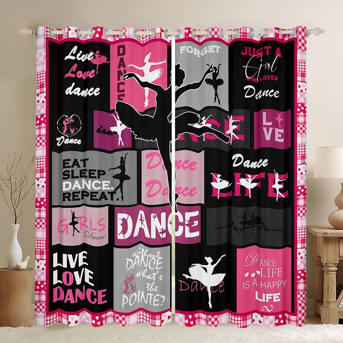 Manfei Kids Dance Blackout Curtain Ballet Dance Theme Window Treatments, Ballet Princess Dancer Window Drapes for Girls Teens Room Decor Grommet Top 2 Panel Set Bedroom Curtains, 52Wx84L inch