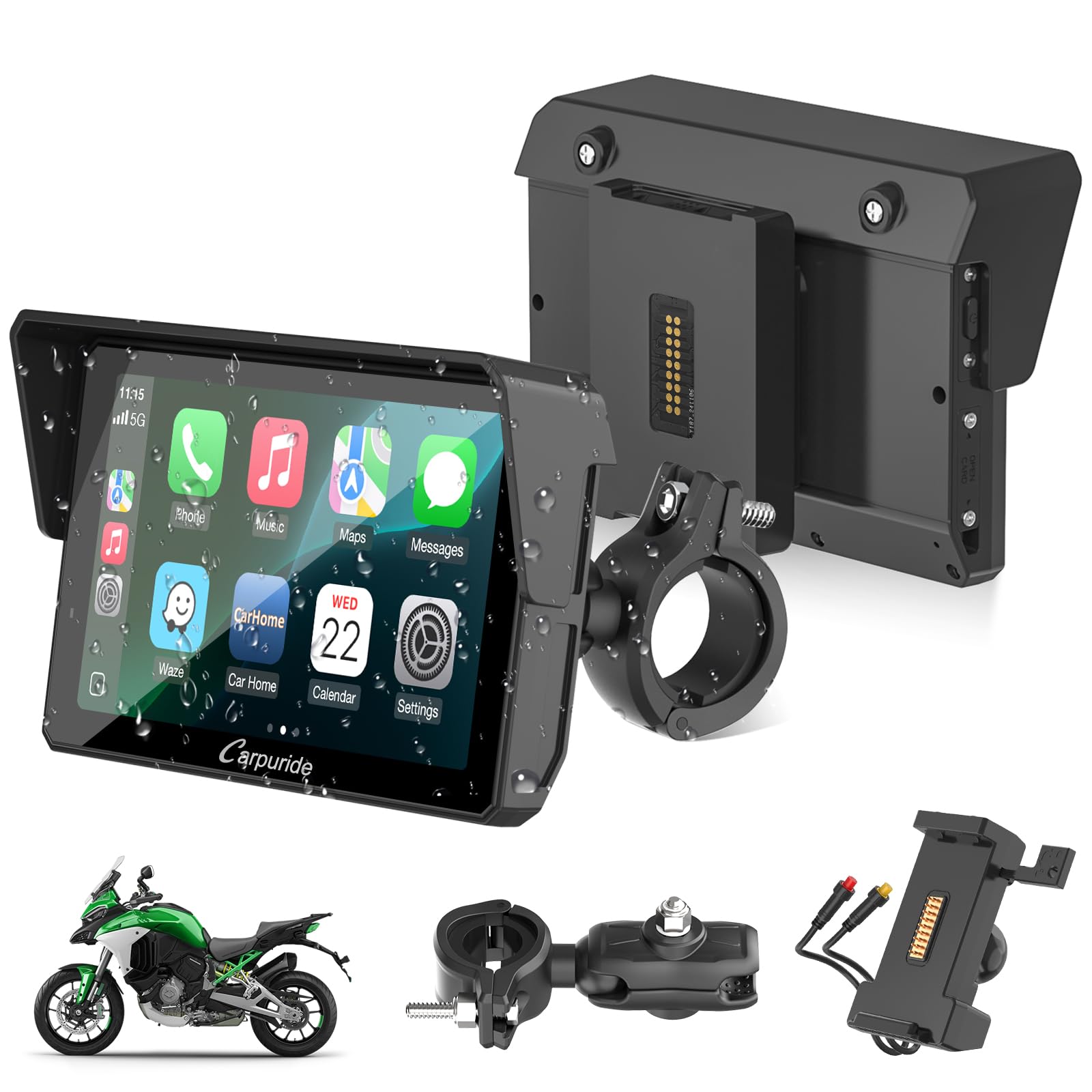 Carpuride W502S Pro - GPS inalámbrico para Motocicleta, Carplay/Android Auto, Pantalla táctil Impermeable de 5", con Soporte BM05, Bluetooth Trans, Mando a Distancia con Cable y navegación