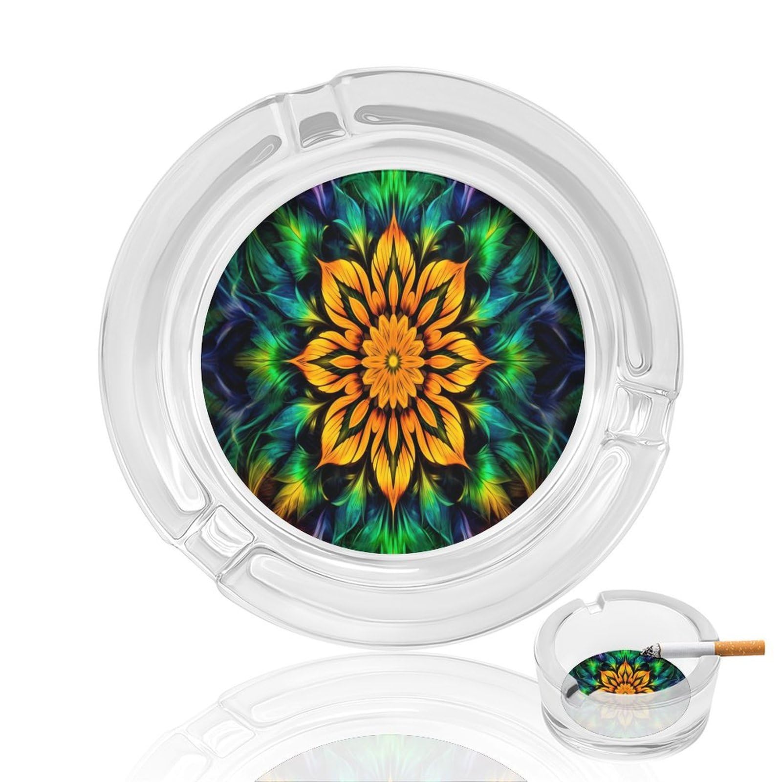 Colorful Mandala Pattern Flo Glass Ashtray 3.3 Inch Round Cigarette Ash Holder with 4 Grooves for Home Office Outdoor One Size