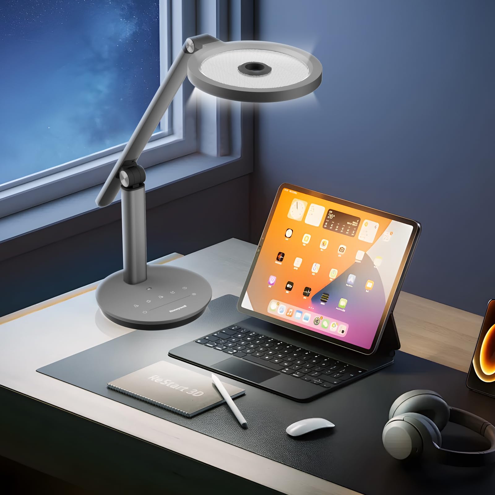 Honeywell H6 Lampada Da Scrivania LED, Lampada Dimmerabile, Grigio | Sunturalux CRI≥97, RG0 luce blu ridotta, senza sfarfallio, 800LM dimmerabile con timer per webcam, studio, ufficio e camera