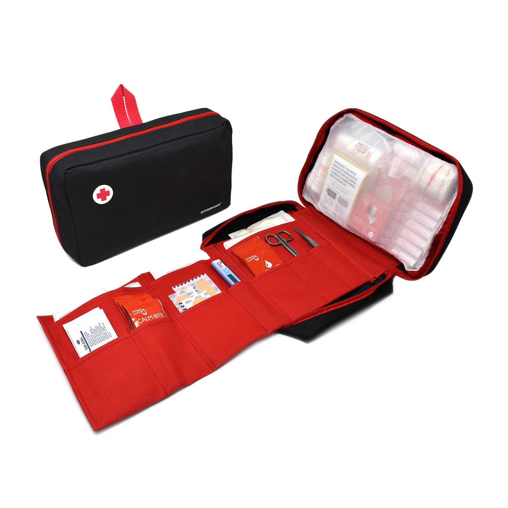 Botiquín Sans Super Trousse de Premiers Secours avec 120 articles ( COUVERTURE DE SURVIE, PACK de FROID SÉRUM PHYSIOLOGIQUE, GEL HYDROALCOOLIQUE, etc.) ( NOIR Botiquín Sans Super Trousse de Premiers Secours avec 120 articles ( COUVERTURE DE SURVIE, PACK de FROID SÉRUM PHYSIOLOGIQUE, GEL HYDROALCOOLIQUE, etc.) ( NOIR