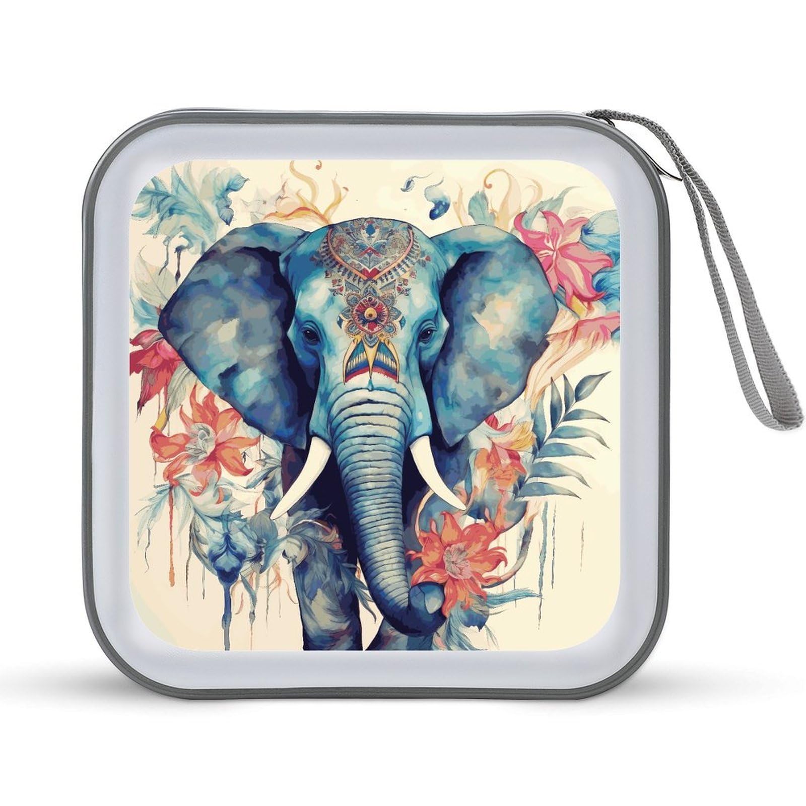 JTREHY Peacock Feathers Elephant CD Case 40 Capacity CD/DVD Case Holder Disc Storage Organizer Wallet Bag Portable Zipper CD Case Holder for Car Home Office Travel