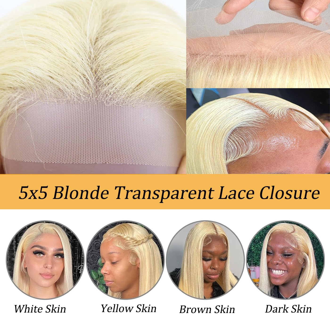 5x5 Blonde Closure Transparent Lace #613 Straight Real Human Hair Closure Pre plucked with baby Hair Natural Hairline Free part 10 Inch