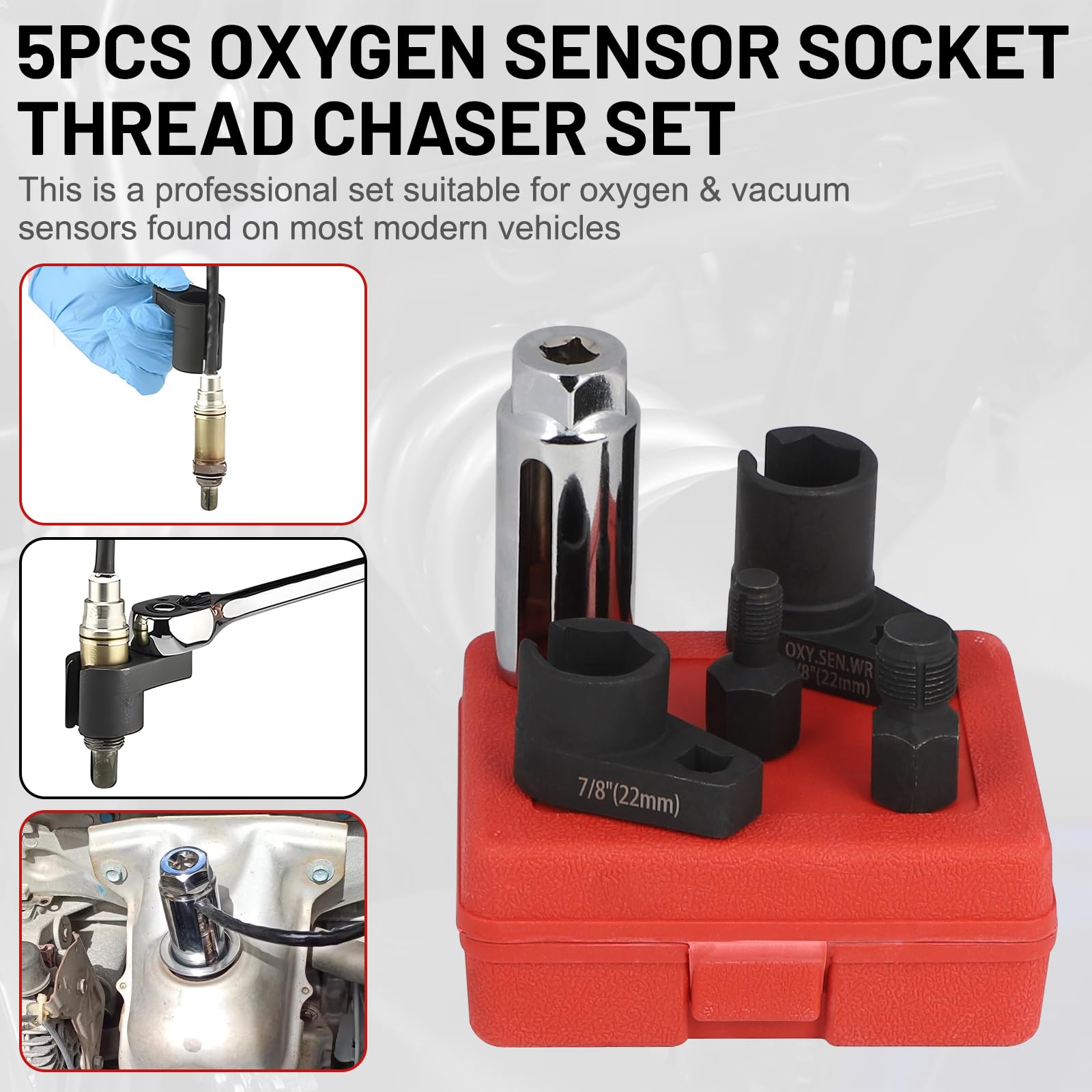 Set 5 Chiavi per Sonde Lambda 22mm, Emulatore Sonda Lambda, Riparazione Filettatura, Attacco 3/8 e 1/2 Pollici