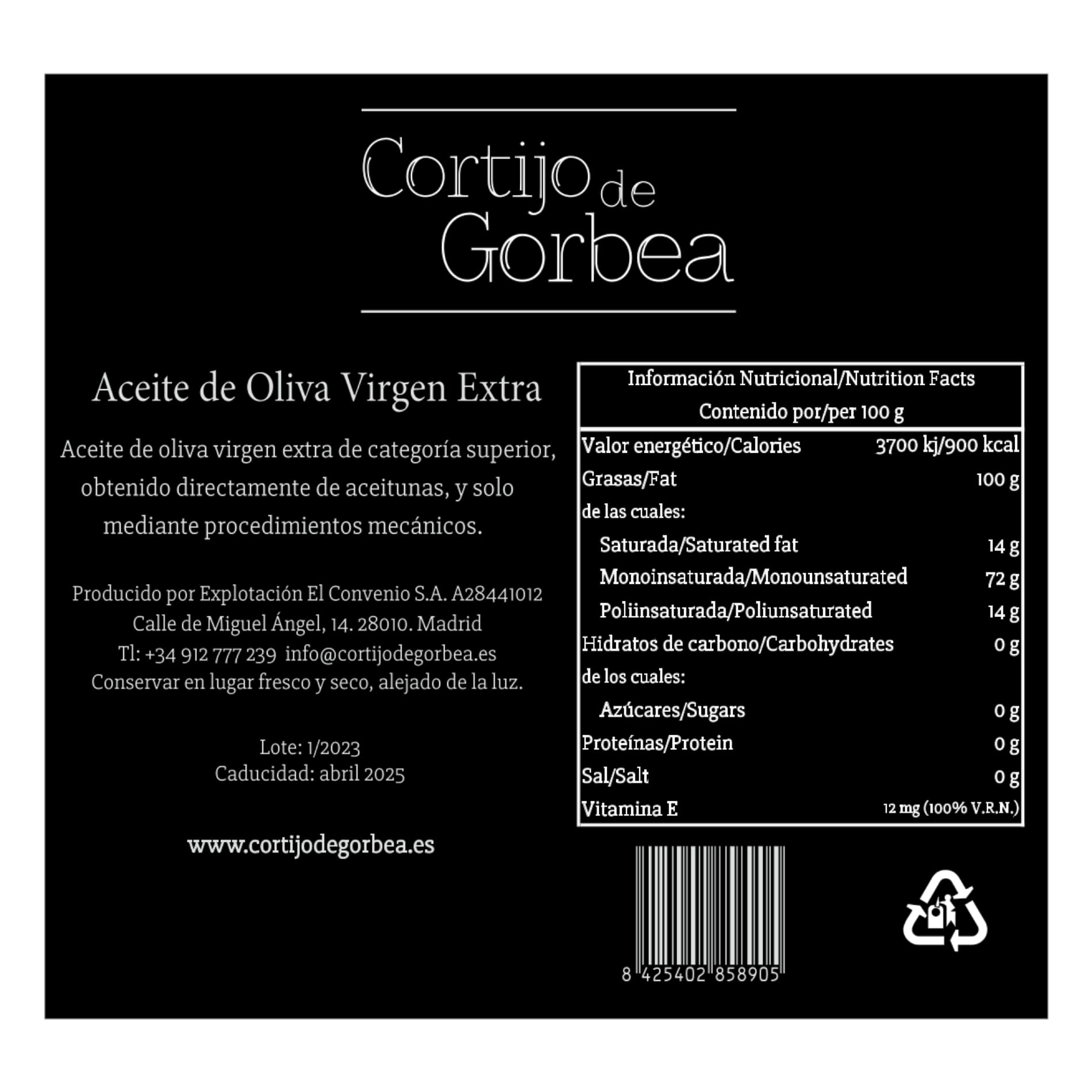 Aceite de Oliva Virgen Extra Picual Cortijo de Gorbea Pack 3 Botellas