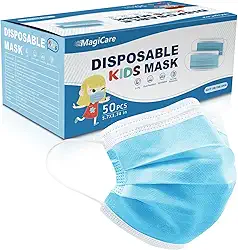 MAGICARE Máscaras Infantis Descartáveis - 3 Camadas, Para Crianças De 4 A 12 Anos, Macias, Confortáveis E Respiráveis, 1 Caixa, Azul (50 Unidades)