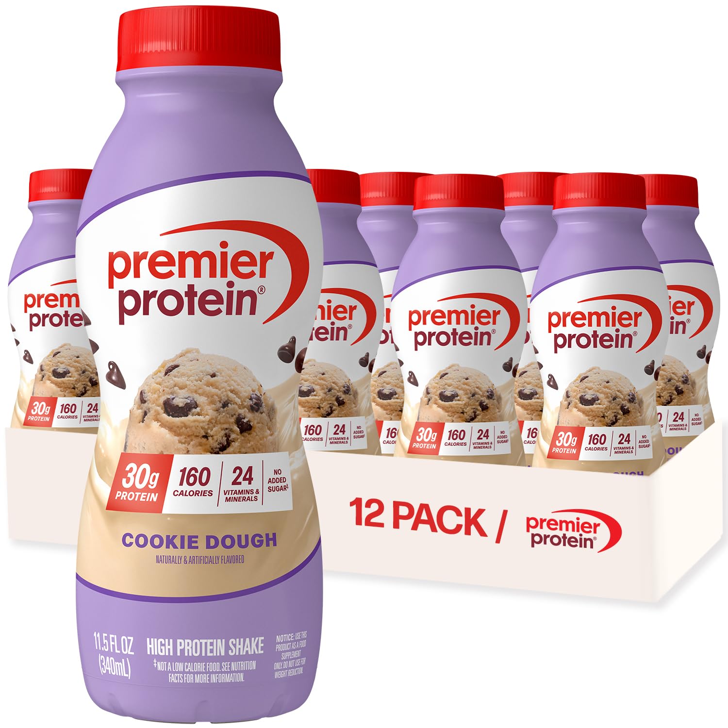 Premier Protein Shake, Cookie Dough, 30g Protein, No Added Sugar, 24 Vitamins & Minerals to Support Immune Health, 11.5 fl oz, 12 Pack (Packaging May Vary)