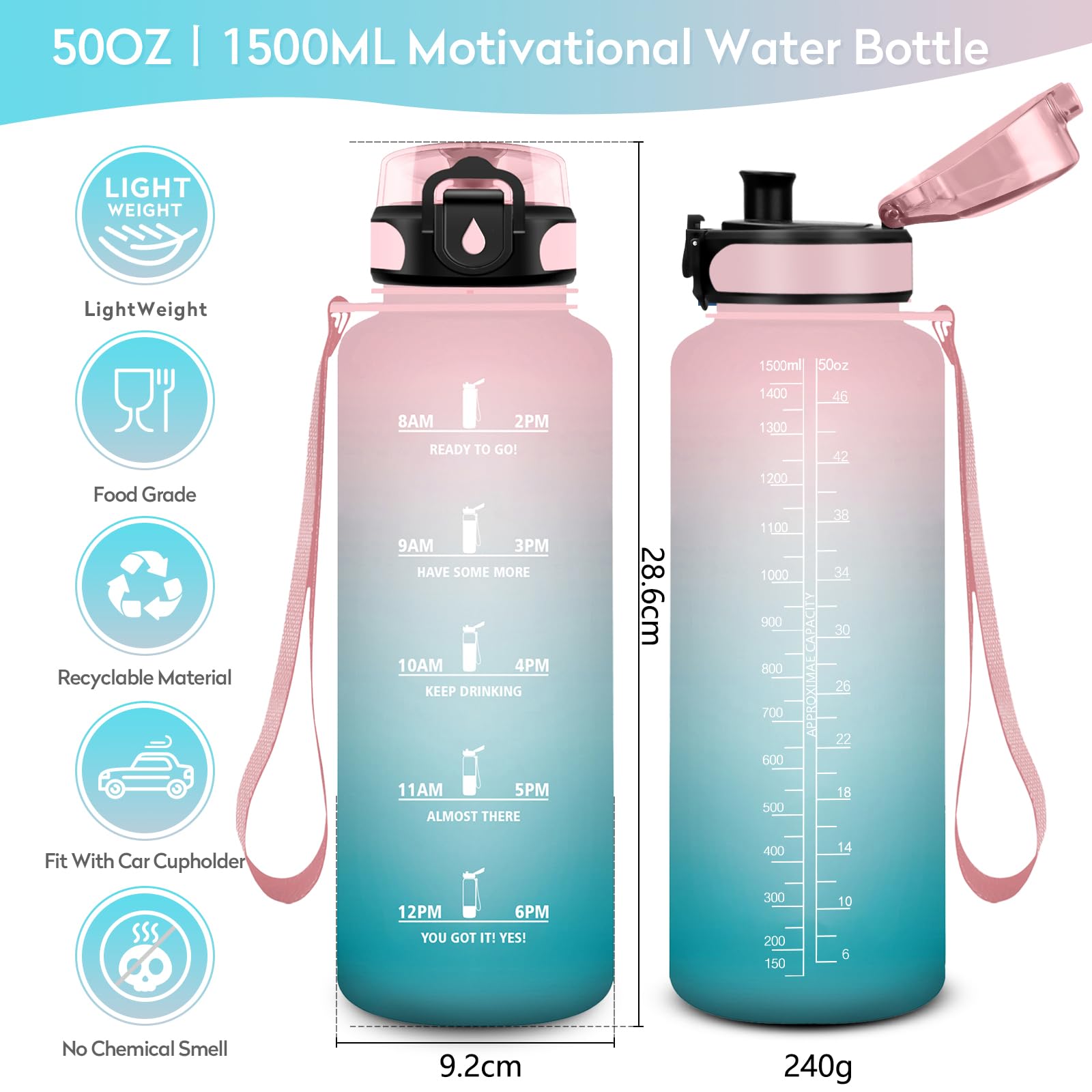 JAPORIA Borraccia Palestra 1.5L, Borraccia Motivazionale, Indicatore del Tempo, a Prova di Perdite, senza BPA, Bottiglia Acqua Adulto, Scuola, Gym, Fitness