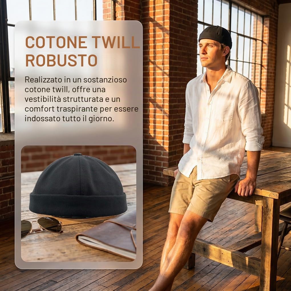 YAMEE Berretto da Portuale da Uomo - Dockercap - Cappellino da Portuale - Cappello da Marinaio Unisex Brimless Hat cap Beanie Cappello da Uomo Rolled Skullcap Berretto Docker （56-58cm）