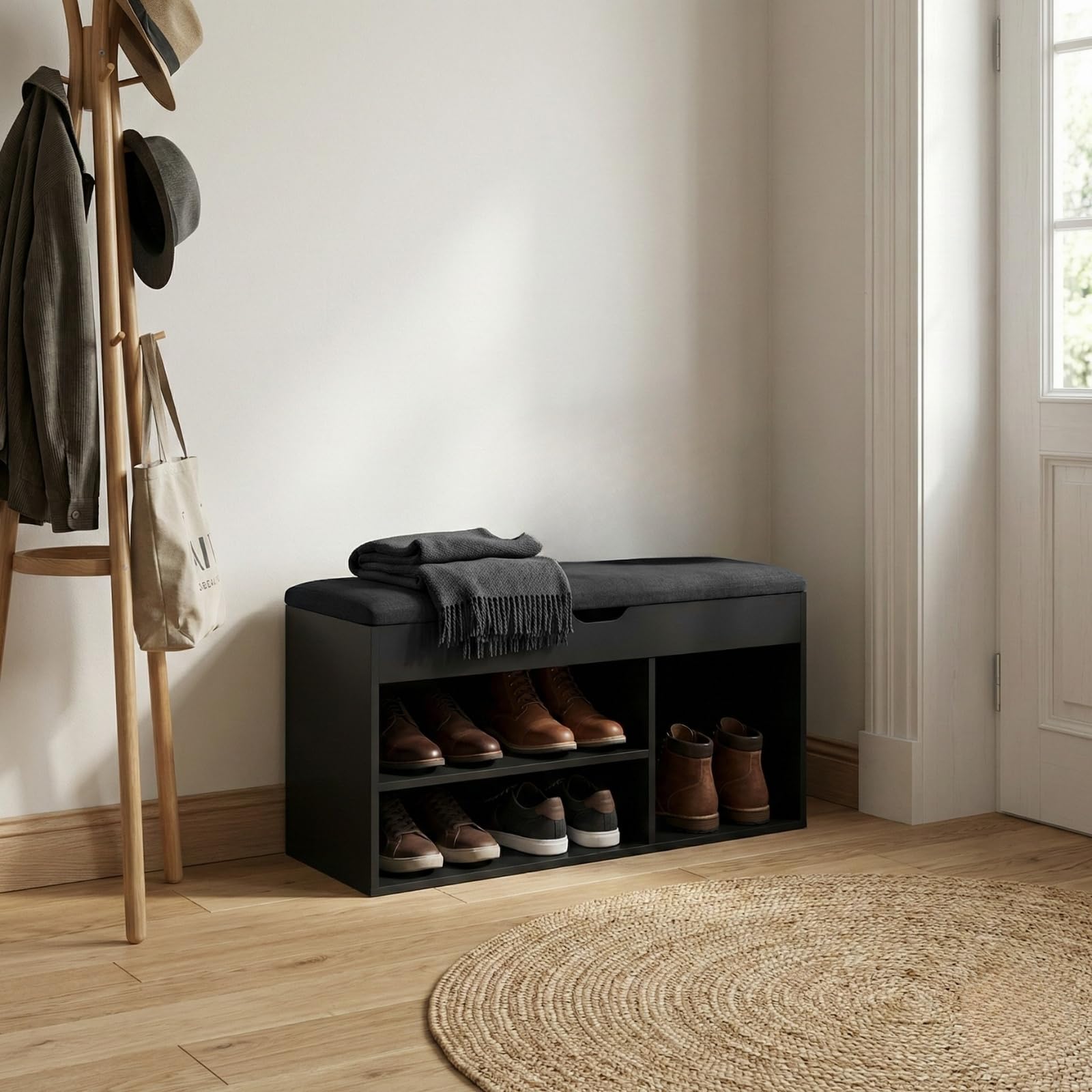 BOXIMO TRIA Schuhschrank mit Sitzbank 80 x 43 x 30 cm Schwarz MDF Polyester