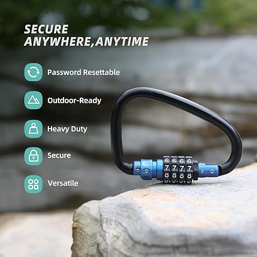 Miniatura 5 de UP Security Clips de bloqueo de mosquetón con cerradura de combinación, anillo D de 4 dígitos resistente, mosquetones de metal grandes, gancho