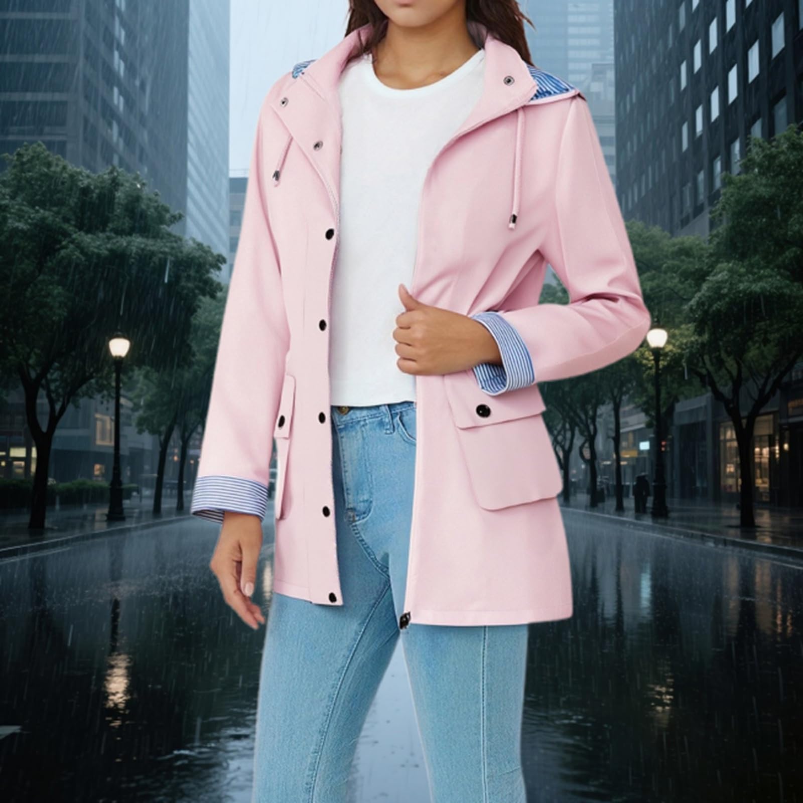 Cortavientos Para Mujer-Gabardina Con Capucha Desmontable Para Mujer Chaqueta Cortavientos De Manga Larga Prenda Exterior Informal Elegante De Largo Medio Con CinturóN Botas De Lluvia A Rayas Atuendo