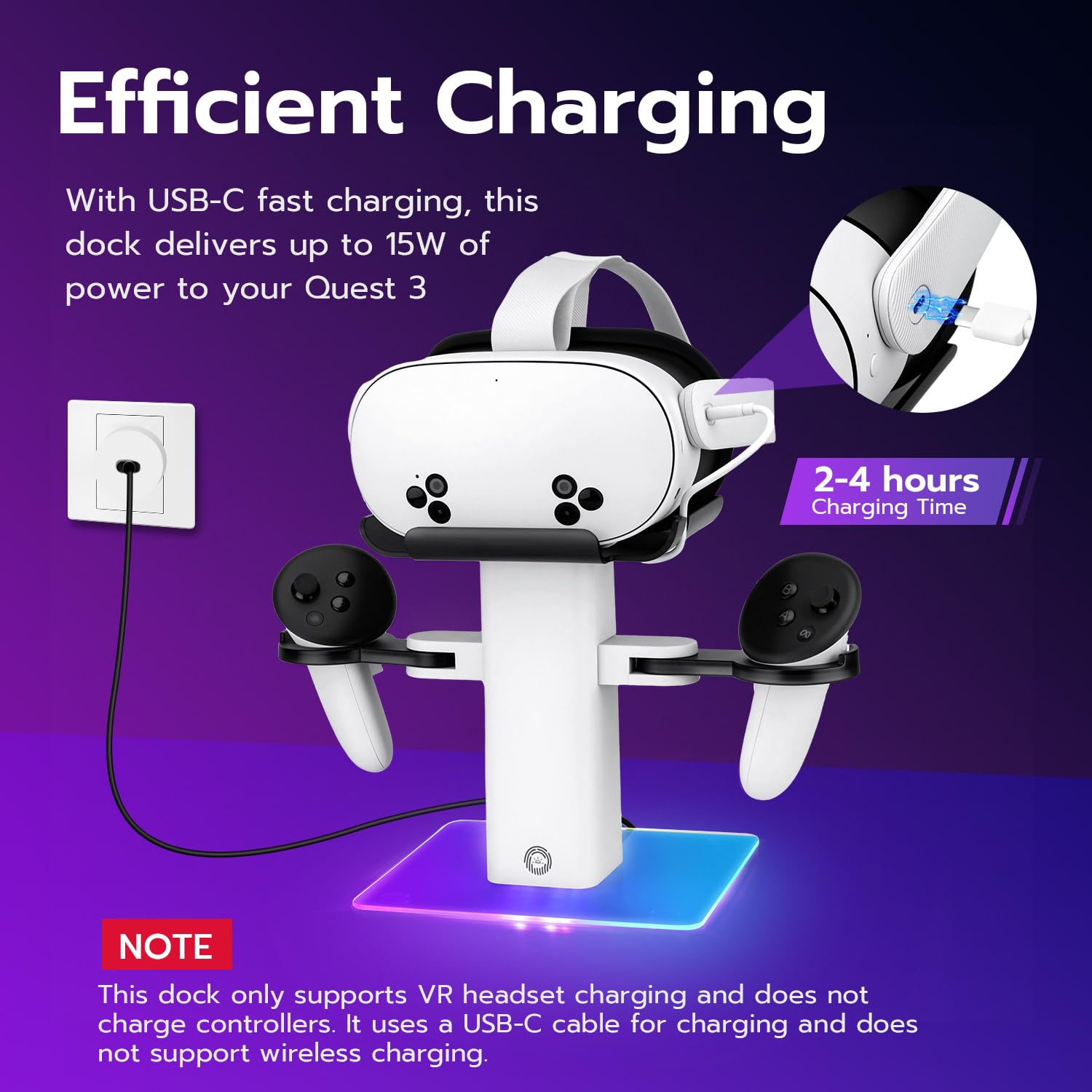 Mcbazel Ladestation für Quest 3S/Quest3/2, 15W USB-C VR-Headset-Ladestation mit RGB-Beleuchtung und Rutschfestem Vertikalständer, Minimalistische VR-Displayhalterung – Weiß