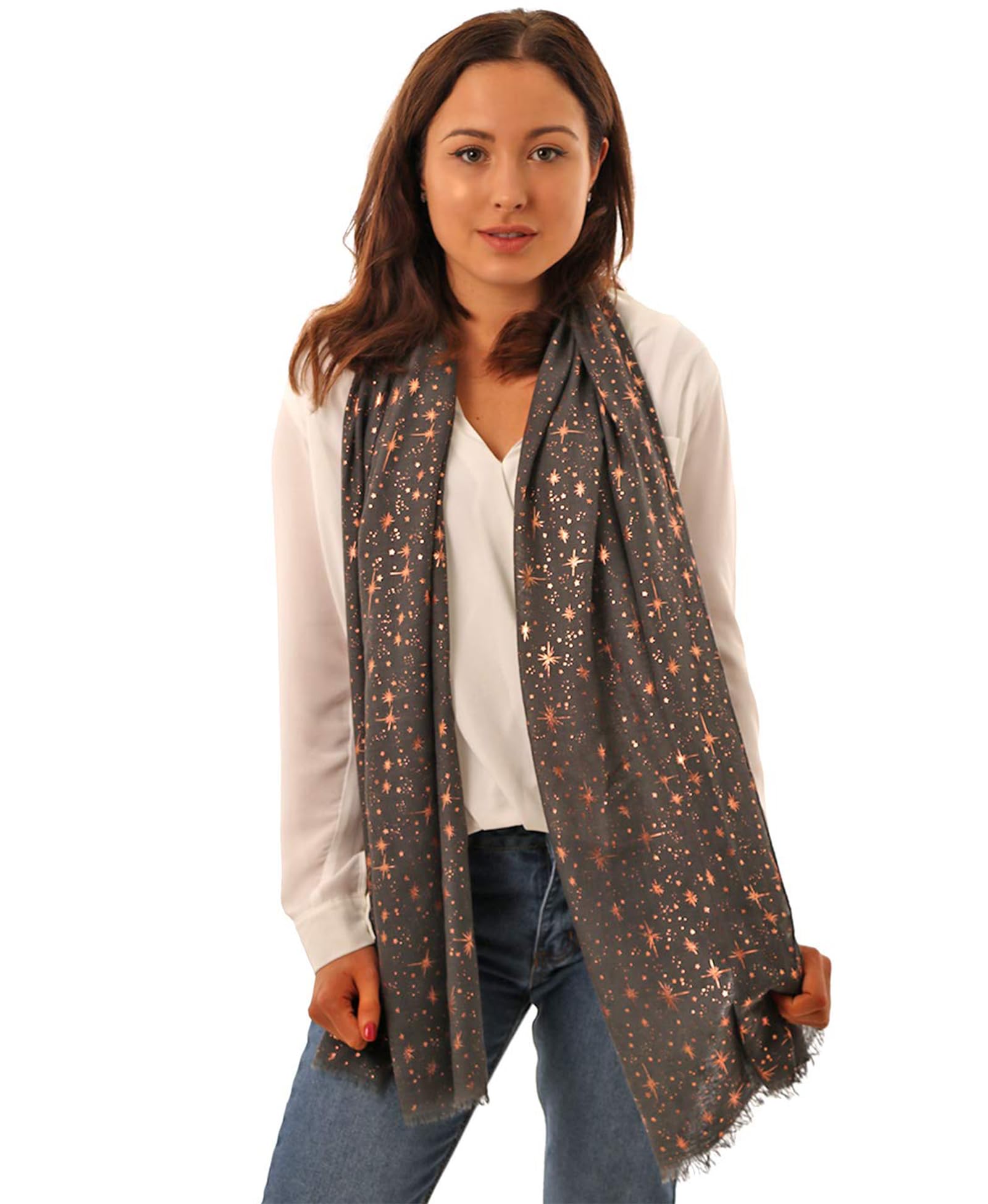 Style Slice Women's Dark Grey Scarf With Copper Stars Evening Star Scarf For Lightweight Foil Shawl Wrap