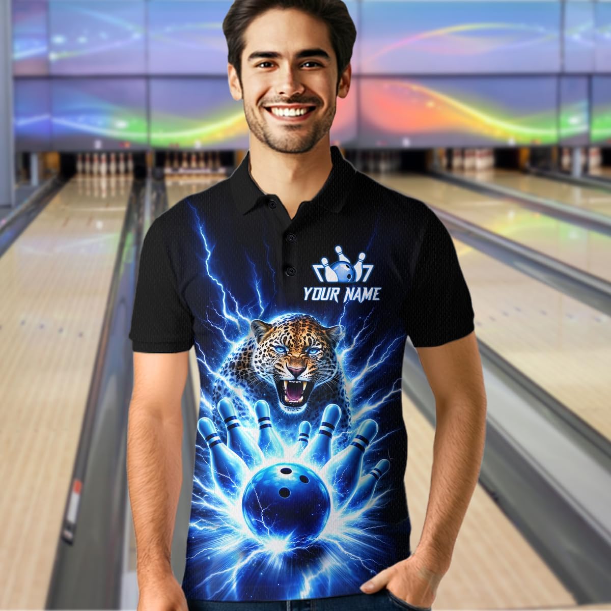 Blue Leopard Bowling Shirts Thunder Lightning Leopard Bowling Jersey for Team Men Women Bowling Polo and Bowl Zip Shirt