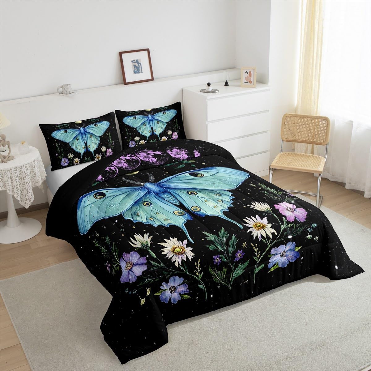 Feelyou Death Moth Comforter Set Twin Size Kids Gothic Comforter for Boys Teens Sun Moon Bedding Set Breathable Boho Moth Duvet Set Room Decor Botanical Floral Printed Quilt Set