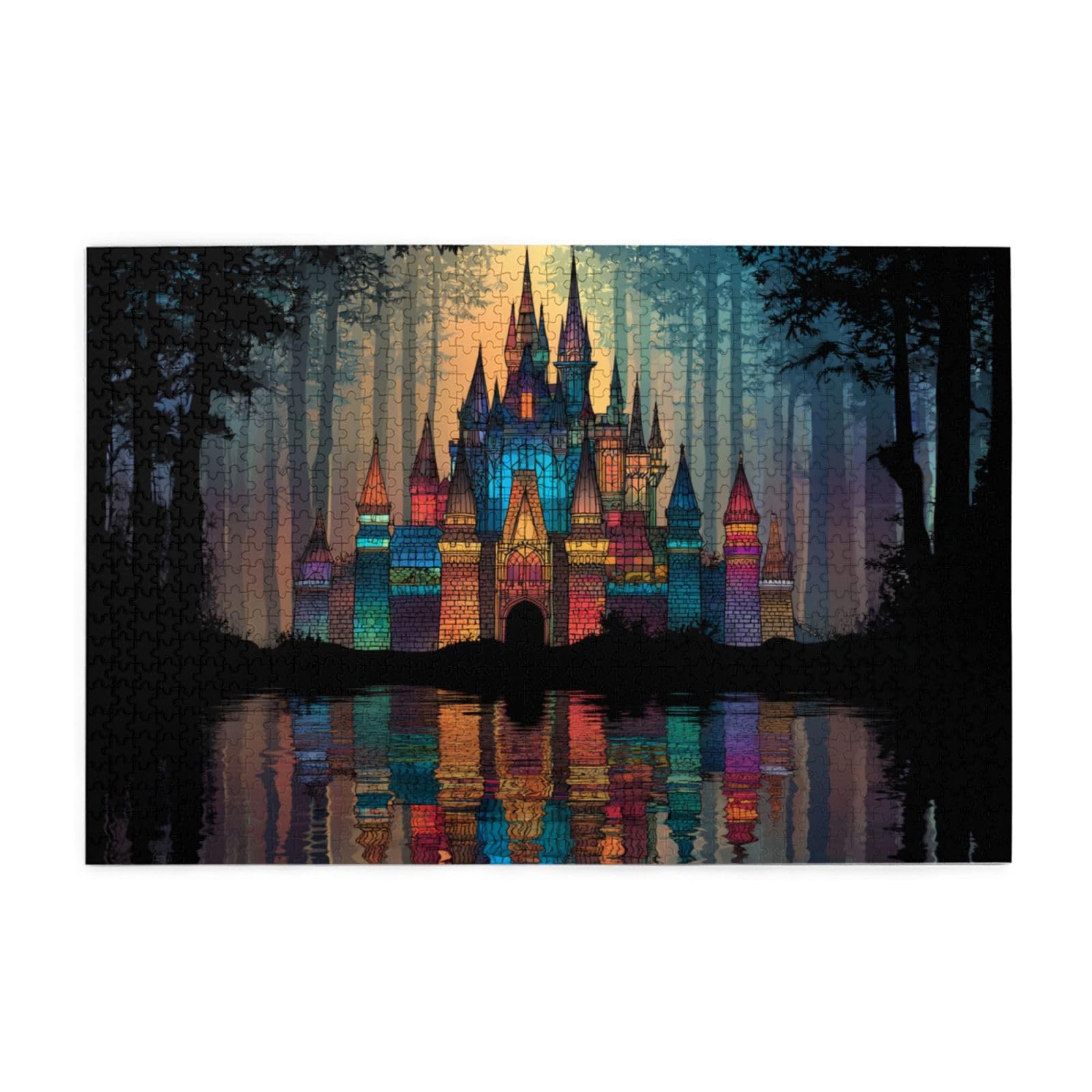 Puzzle pour adultes de 1000 pièces, château fantaisiste dans une forêt luxuriante avec reflet lumineux, convient pour les amateurs de puzzle et les amateurs de contes de fées lors de dîners