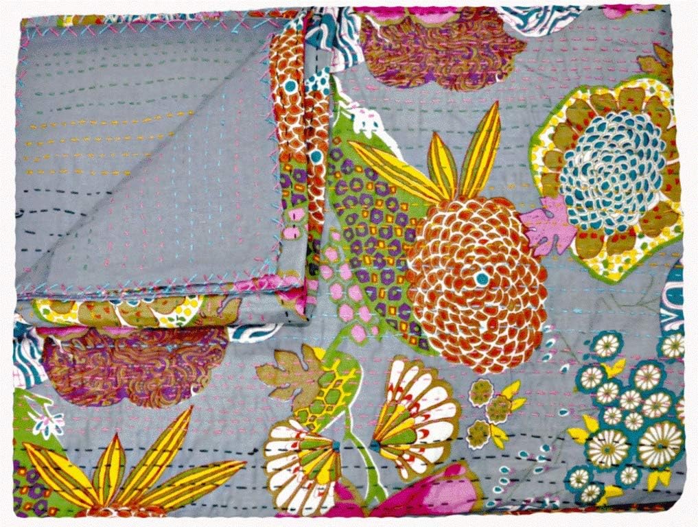 YUVANCRAFTS Indian Handmade Kantha Quilt Pure Cotton Traditional Floral and Fruits Screen Print Queen Blanket Bedspreads Throw