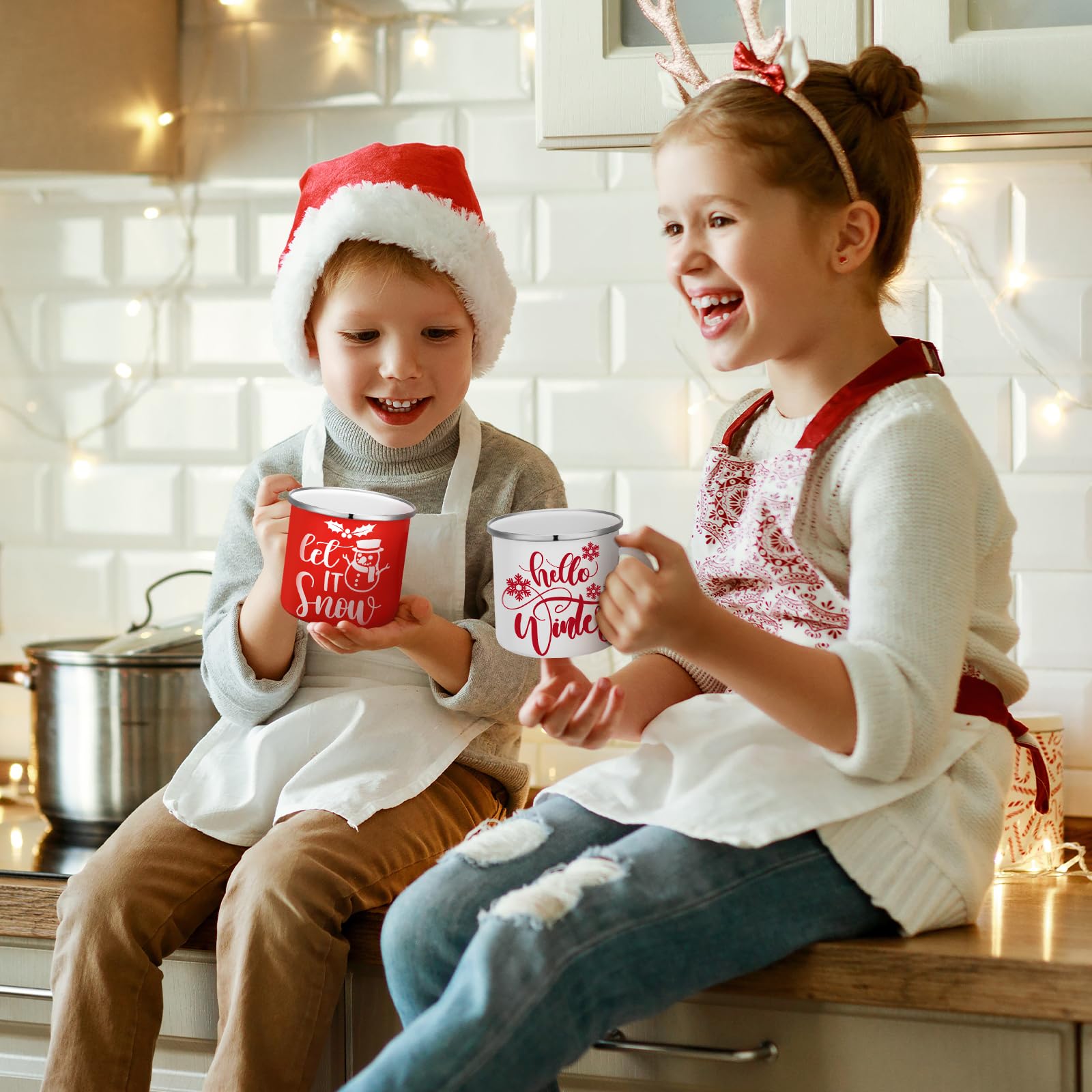 Lot de 12 tasses à café de Noël en émail avec citations « Merry Christmas » - 355 ml - Tasses à café amusantes pour femmes, collègues, enfants