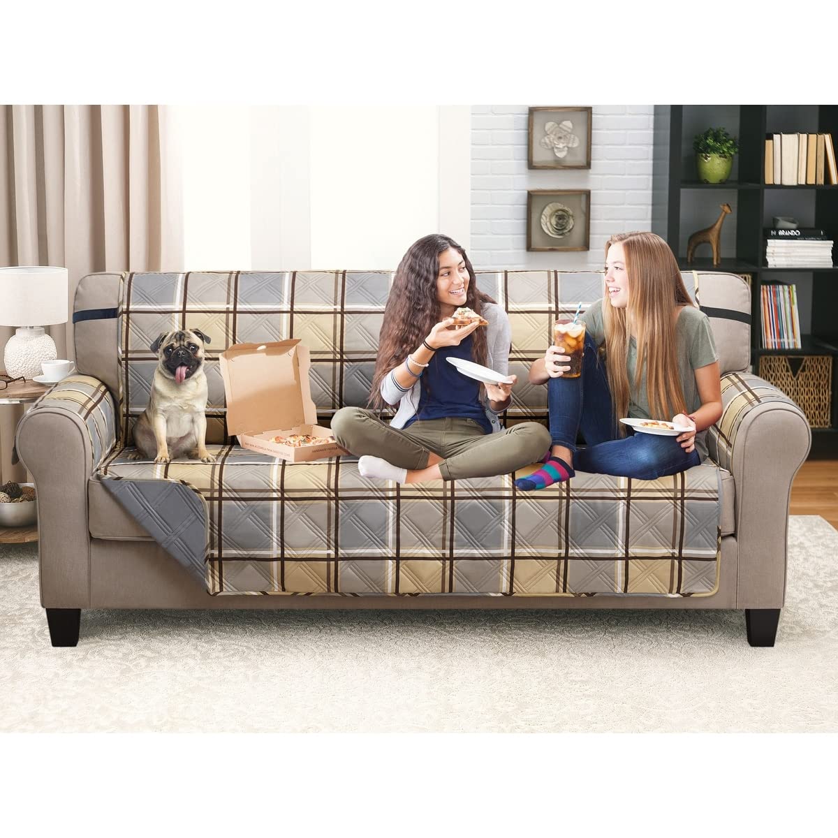 Furniture Protector with Elastic Strap XL Sofa Plaid Beige/Grey Grey Fabric Protection