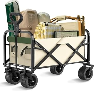 Menbyci Collapsible Folding Wagon, Portable Large Wagon Garden Cart with Wheels, Load Capacity 200kg Beach Wagon, 10CM Wide Big Wheels & Adjustable Stroller Wagon, Outdoor Utility Wagon (Beige Green)