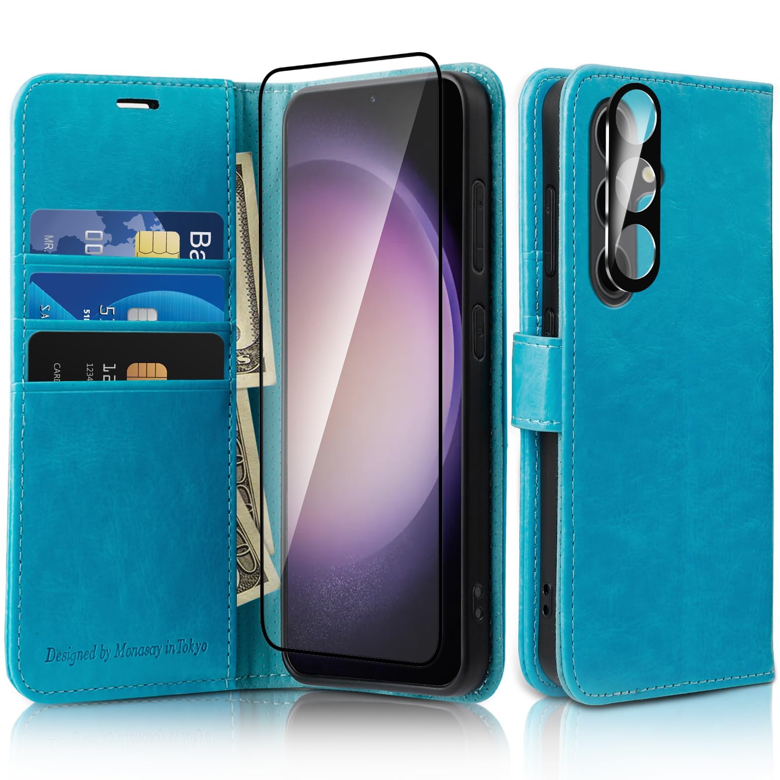MONASAY Wallet Case Fit for Samsung Galaxy S24 5G, [lens & Glass Screen Protector included] [RFID Blocking] Flip Folio Leather Cell Phone Cover with Credit Card Holder, 6.2 inch, Light blue