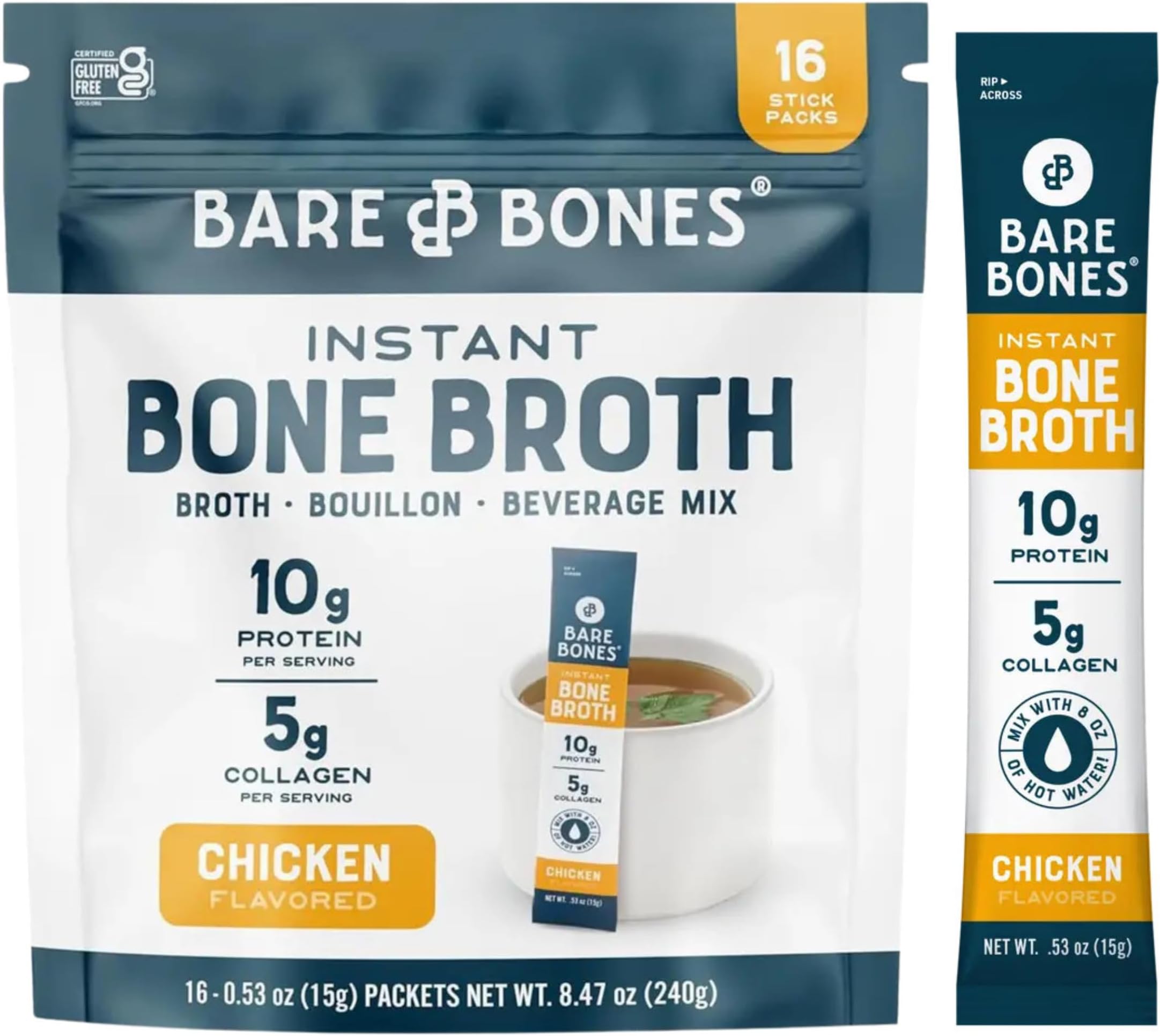 Bare Bones Chicken Bone Broth Instant Powdered Mix | Rich Savory Packets on-the-Go No Artificial Flavors | Keto & Paleo Friendly | 10g Protein | 16 Pack