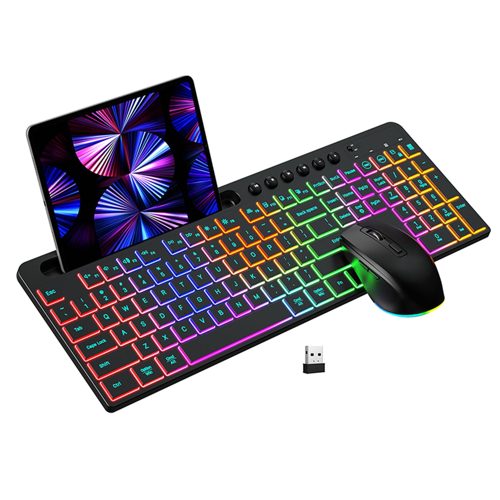 Tosuny Tastiera Wireless e Combo del Mouse, 2,4 G di Tasti Retroilluminati RGB 115 con Tampone Numerica, con Supporto per Tablet di Telefono, Ricaricabile, 6 Tasti 3 - Mouse DPI per PC