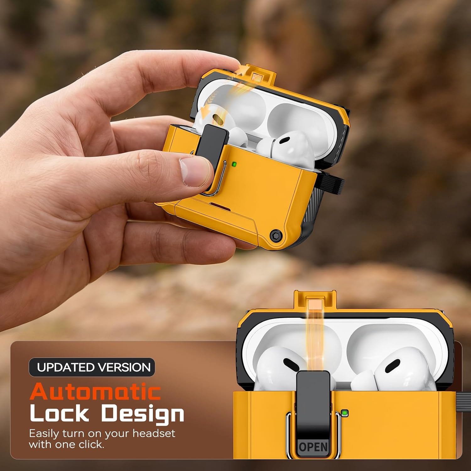  for AirPods AirPods Pro 1st/2nd Case with Secure Lock (Yellow) | Phone Stand Design,Compatible with MagSafe,Automatic Snap Switch Secure Cover with Cleaner Kit & Keychain thumbnail