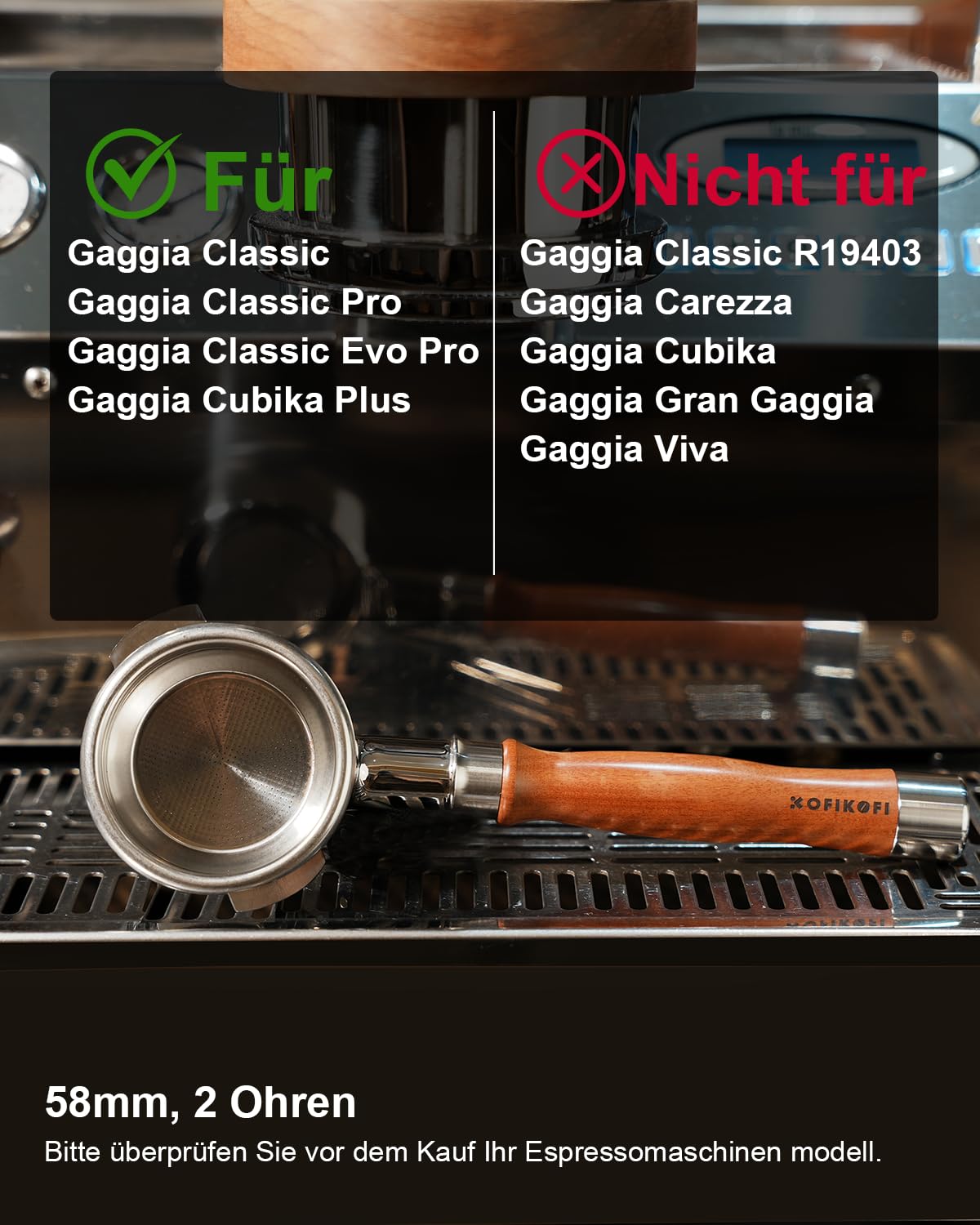 KOFIKOFI Portafiltro sin fondo de 58 mm, 2 orejas sin fondo compatible con cafetera espresso Gaggia Classic con cesta de filtro de acero inoxidable 304, colador, mango de madera