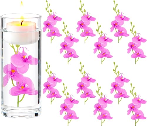 LARDUX Fake Flowers for Floating Candles Centerpiece - 12 PCS Orchid Flower Stem Vase Fillers for Wedding Dinning Table Party Home Decoration - Purple