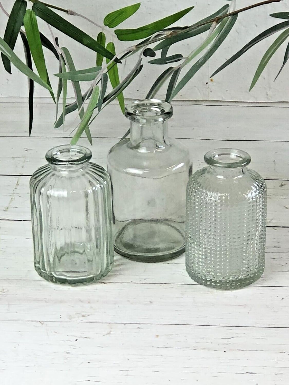 Set of 3 Clear Vintage Glass Ribbed Bottle Flower Display Bud Vases