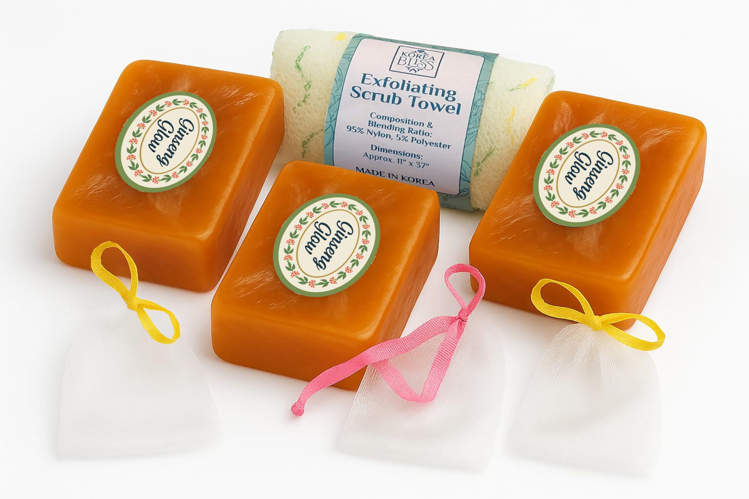 Red Ginseng Body soap Bar Set – (3 x 140g Bars + 3 Soap Nets + Exfoliating Heart Scrub Towel) | Deep Cleansing, Moisturizing & Antibacterial | Brightening, Anti-Aging & Skin Detox | Made in Korea