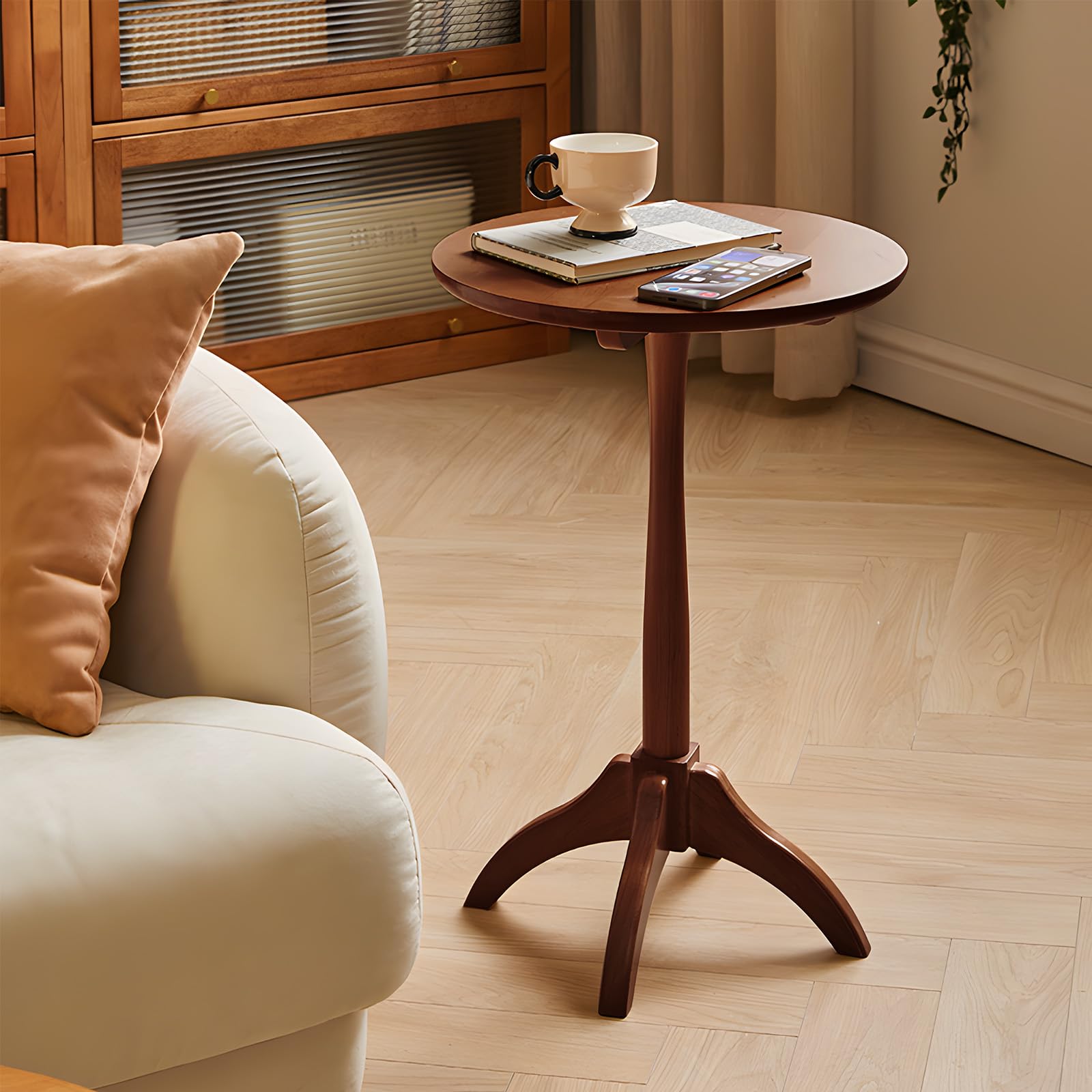 Cttasty Small Round Side Table, Solid Wood End Table with Adjustable Height, Portable Accent Coffee Table, Nightstand,15.75" Dia.x 23.62" H,(Walnut)