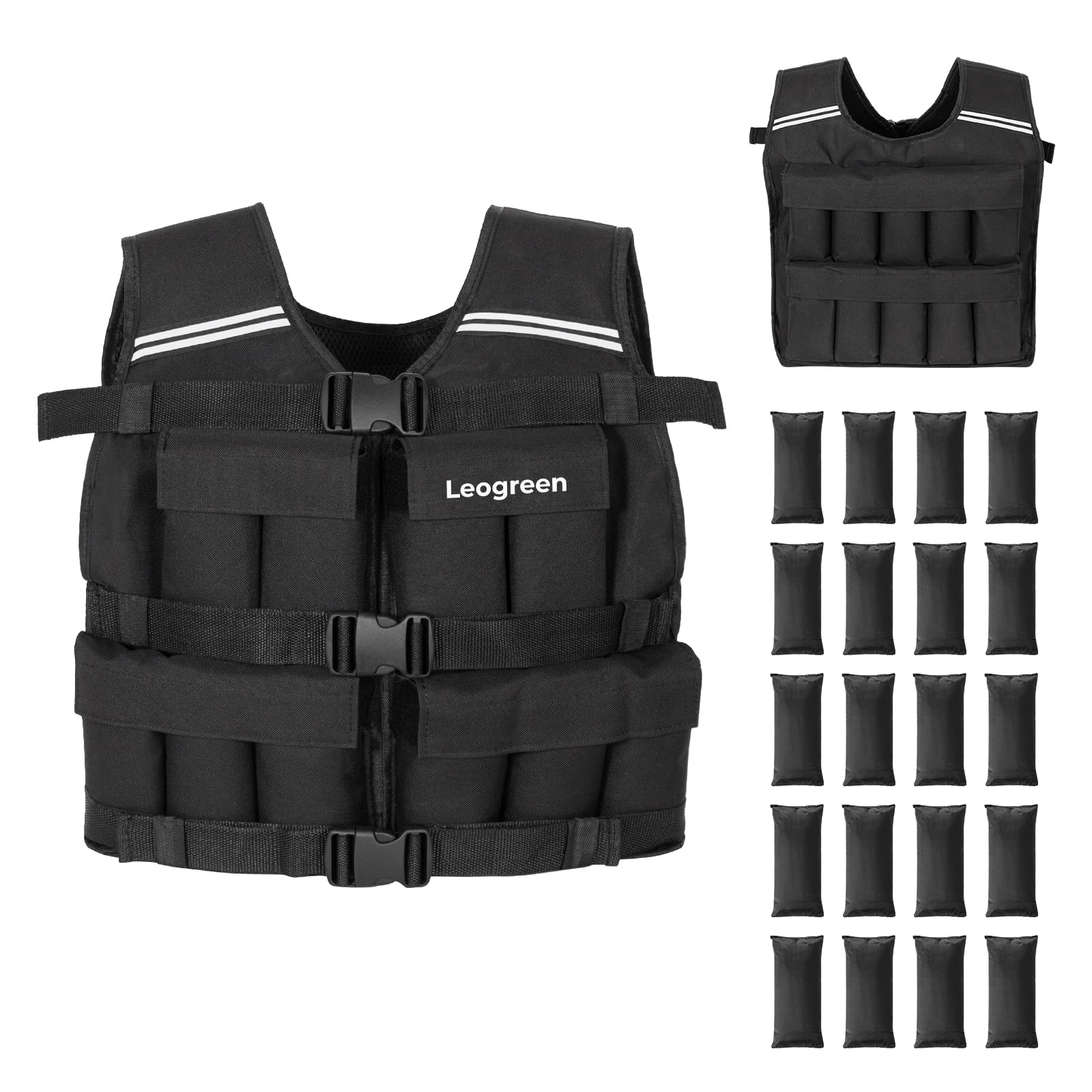 Leogreen Gilet Lesté 10kg/20kg, Veste Lestée Réglable avec 20 Packs de Poids Amovibles, Bande Réfléchissante, pour Homme Femme la Course à Pied, Entraînement en Force et Endurance