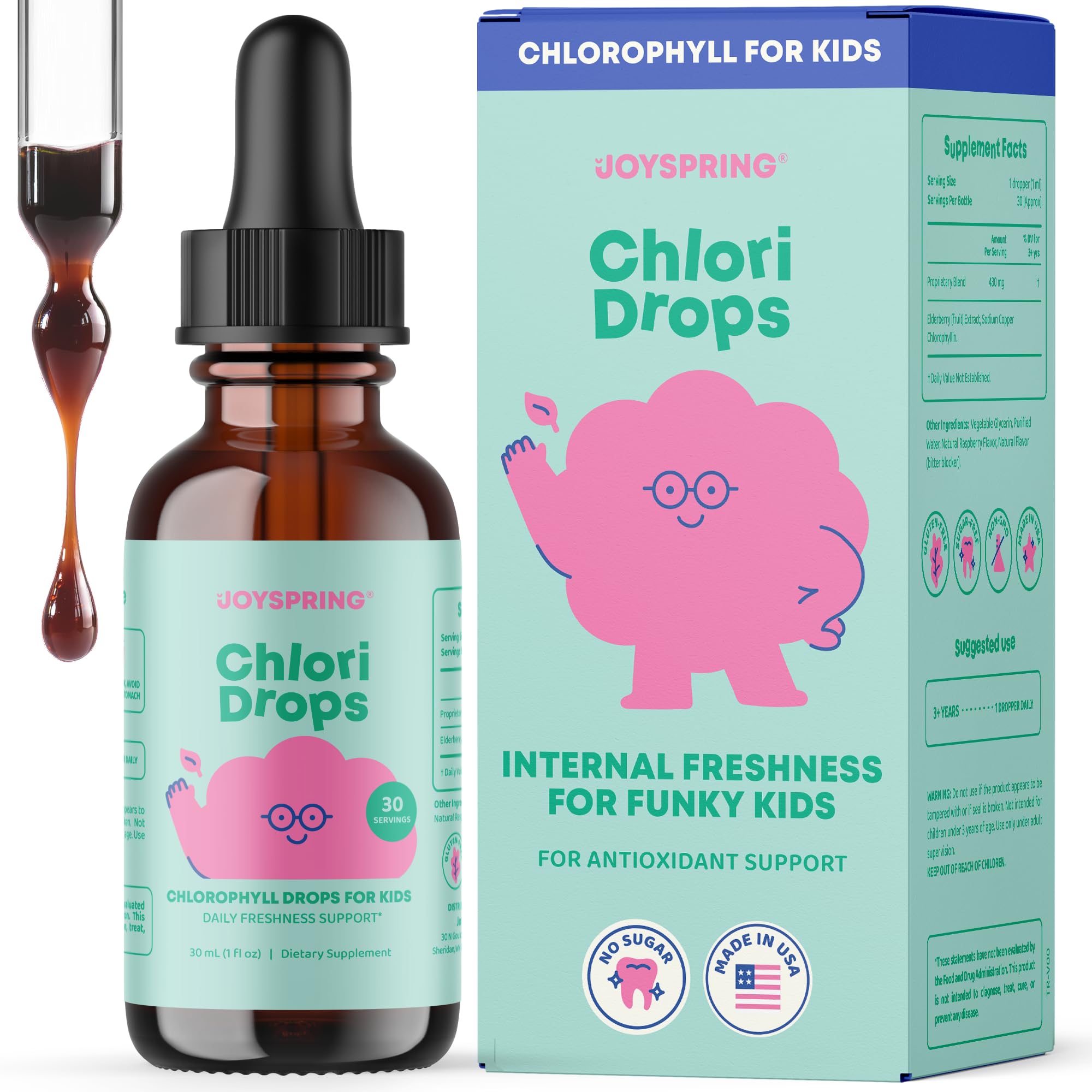JoySpring Chlori Drops Kids Liquid Chlorophyll, Berry, 30 Servings